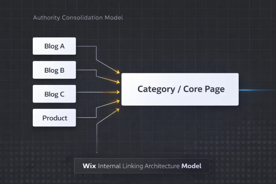 Authority consolidation diagram showing multiple supporting pages linking to a central Wix category or core page