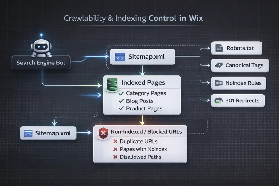 Diagram showing Wix crawlability and indexing control flow including sitemap, indexed pages, non-indexed URLs, robots.txt, canonicals, and redirects