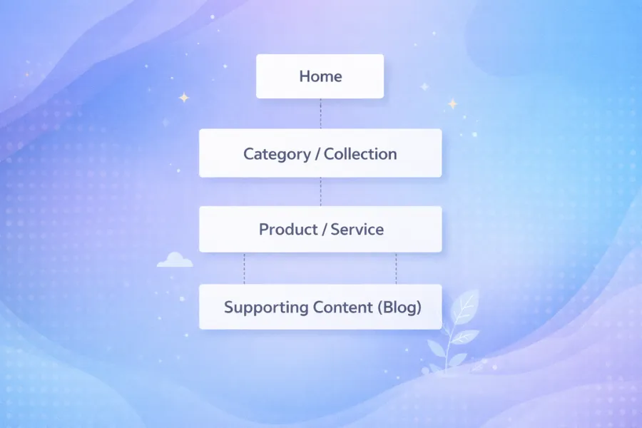 Website page hierarchy structure showing home, category, product, and supporting blog content levels