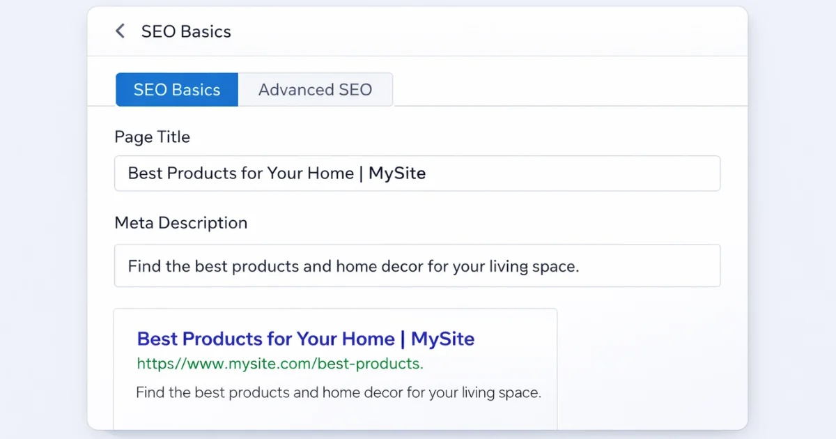 Wix SEO settings panel showing page title, meta description, and Google search preview