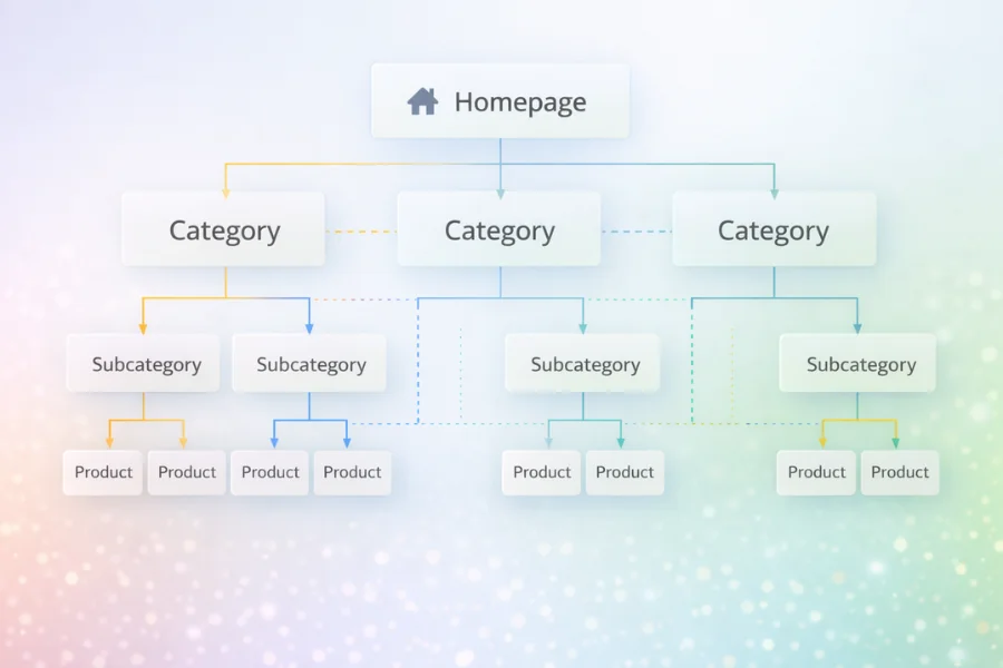 eCommerce website structure diagram showing homepage, categories, subcategories and products for scalable SEO