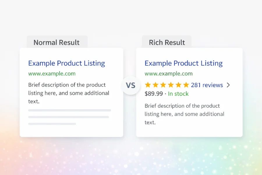 structured data example comparing normal search result and rich result with ratings and price