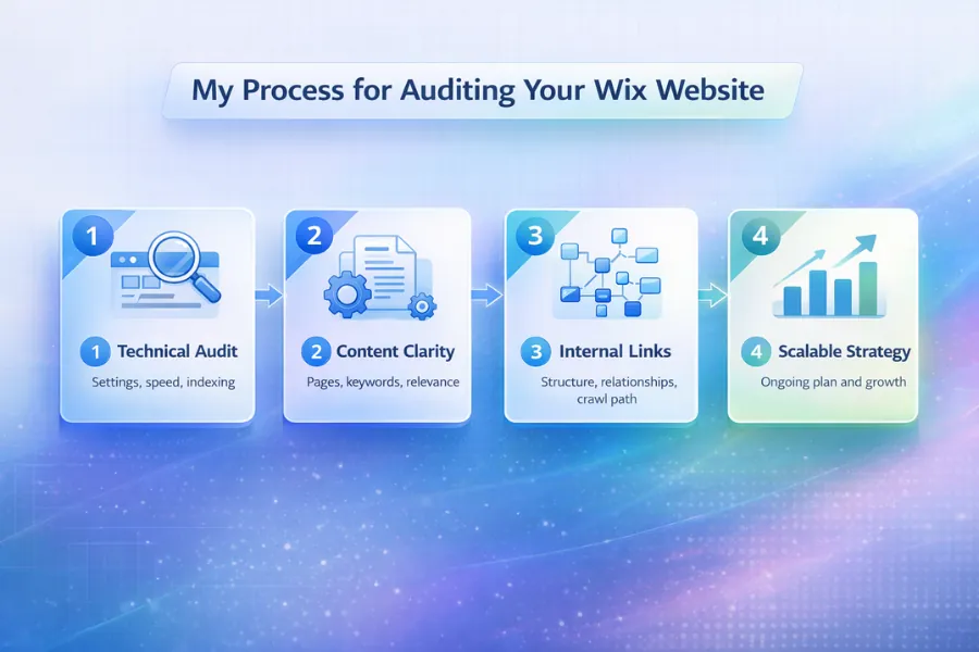 Wix SEO audit framework showing technical audit, content clarity, internal links, and scalable strategy