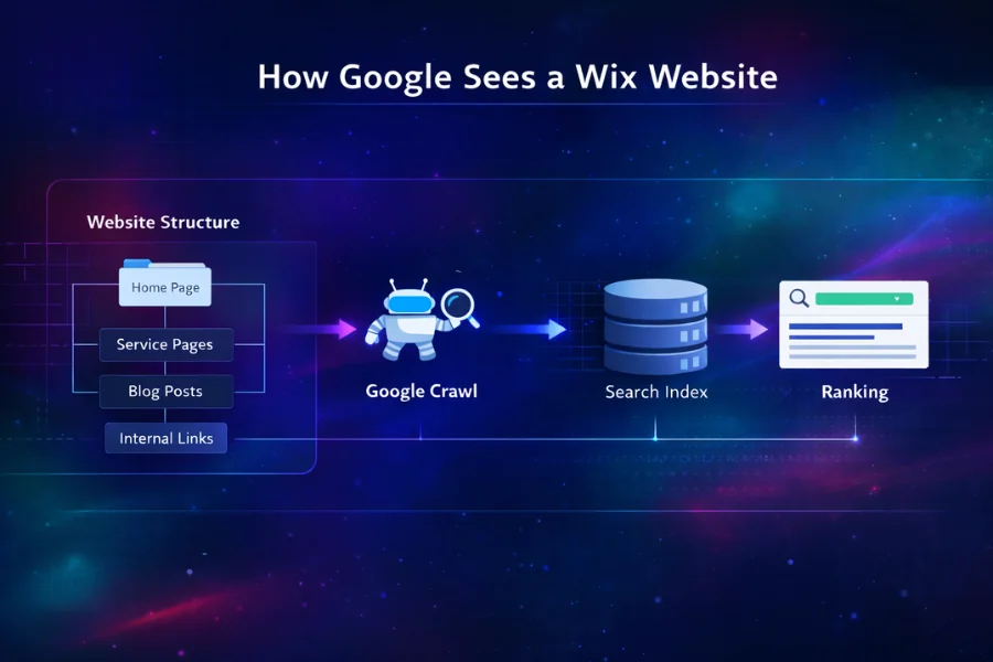 Diagram showing how Google crawls, indexes, and ranks a Wix website based on structure and internal links