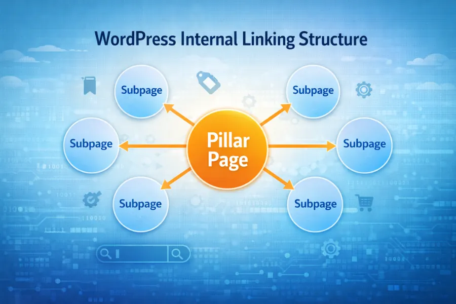 WordPress internal linking structure diagram showing pillar page connected to multiple subpages in a hub and spoke SEO model.