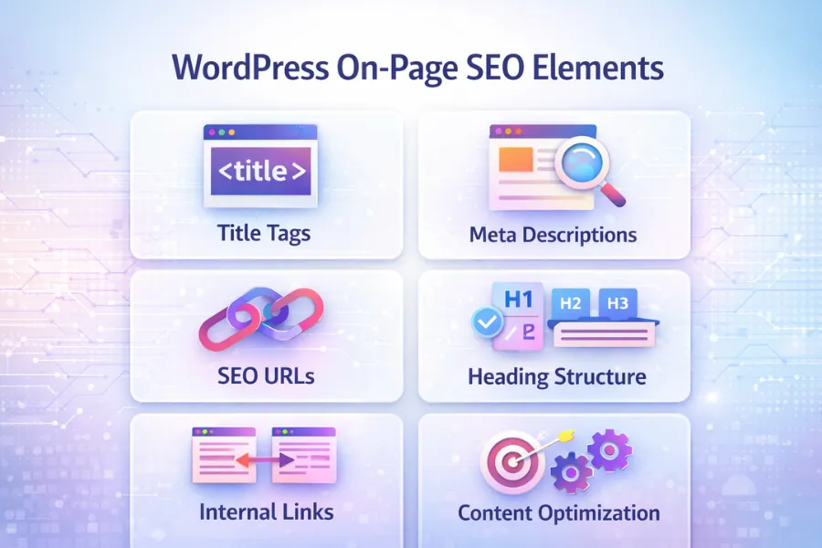 WordPress on page SEO elements diagram showing title tags, meta descriptions, SEO URLs, heading structure, internal links, and content optimization.