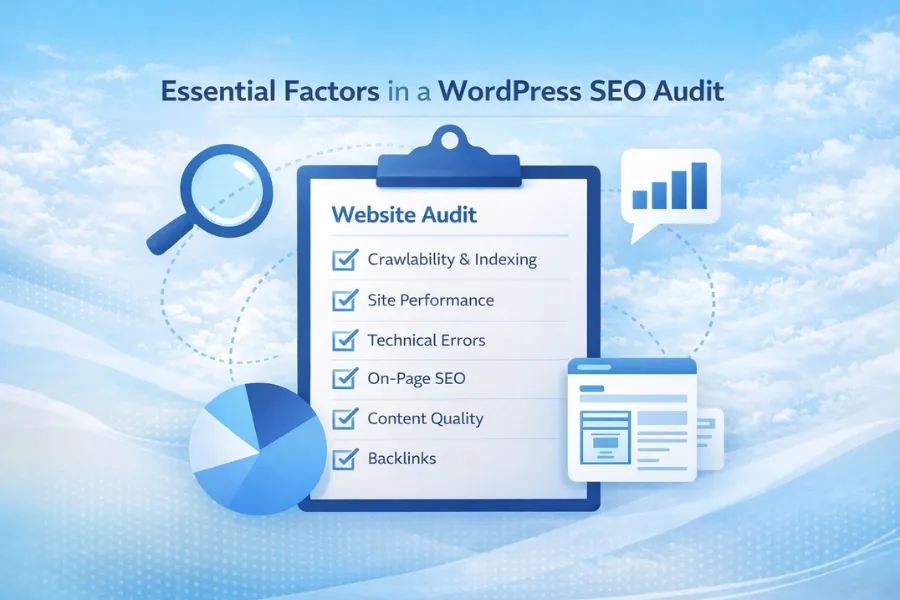 WordPress SEO audit checklist showing crawlability performance technical issues content quality and backlinks analysis