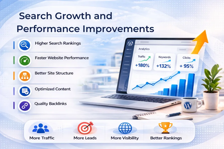 WordPress SEO results showing search growth traffic increase rankings improvement and better site performance