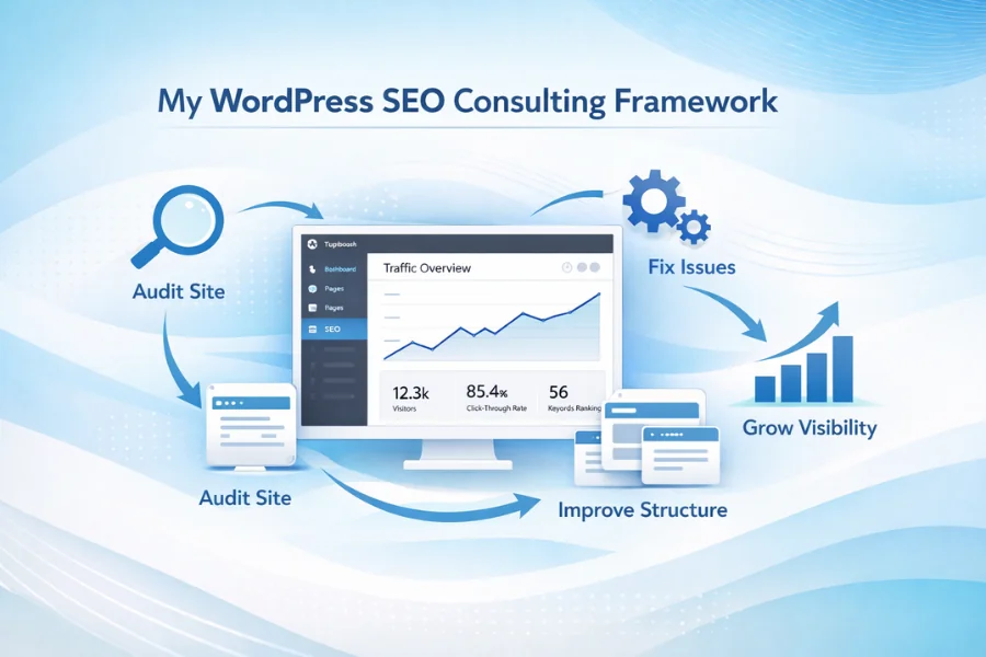 WordPress SEO consulting process showing audit fixes site structure improvements and search growth