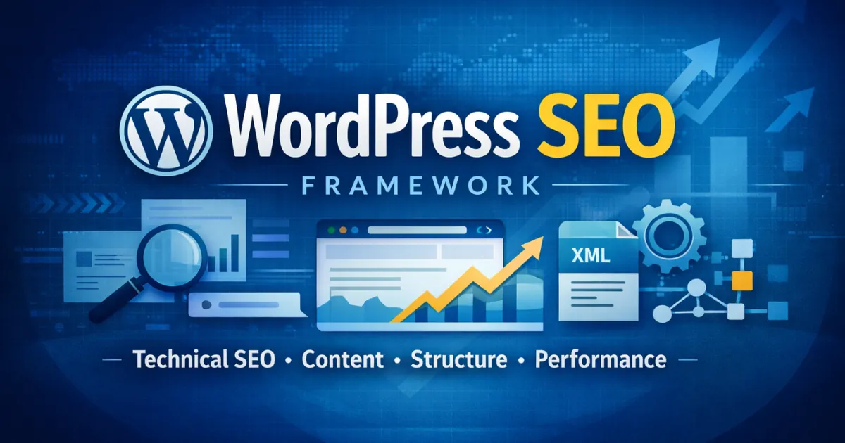 WordPress SEO framework diagram showing technical SEO, content optimization, site structure, and performance improvements.