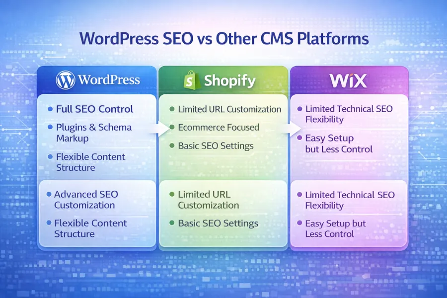 WordPress SEO vs Shopify and Wix comparison infographic showing differences in SEO control, customization, and platform flexibility.
