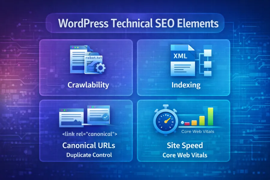 WordPress technical SEO diagram showing crawlability, indexing, canonical URLs, and site speed Core Web Vitals optimization.
